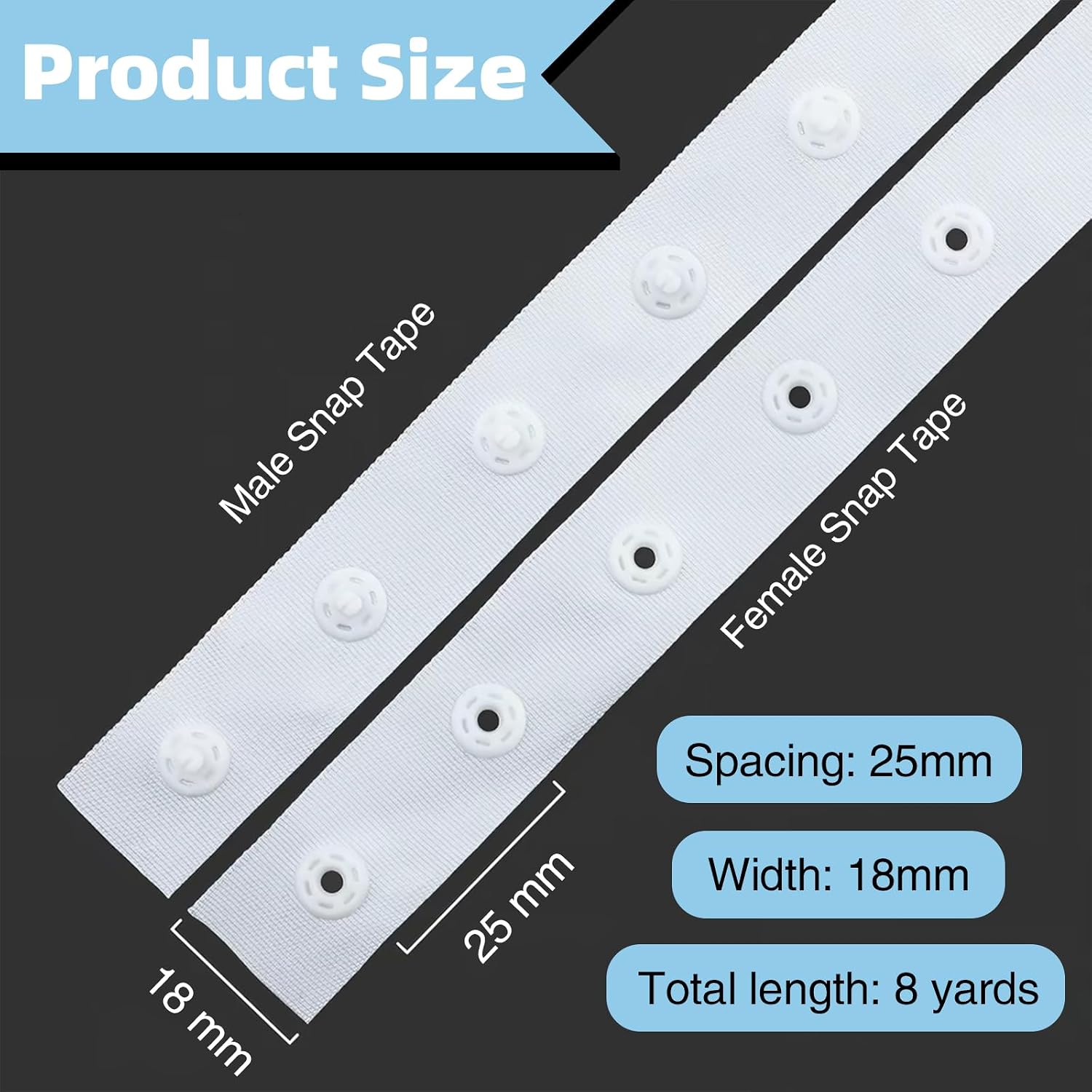 GTAAOY Plastic Snap Tape for Sewing - 8 Yards Button Ribbon for Clothes, Polyester Trim, Fastener Press Stud for DIY Accessories (White-0.75 Inch x 8yd)