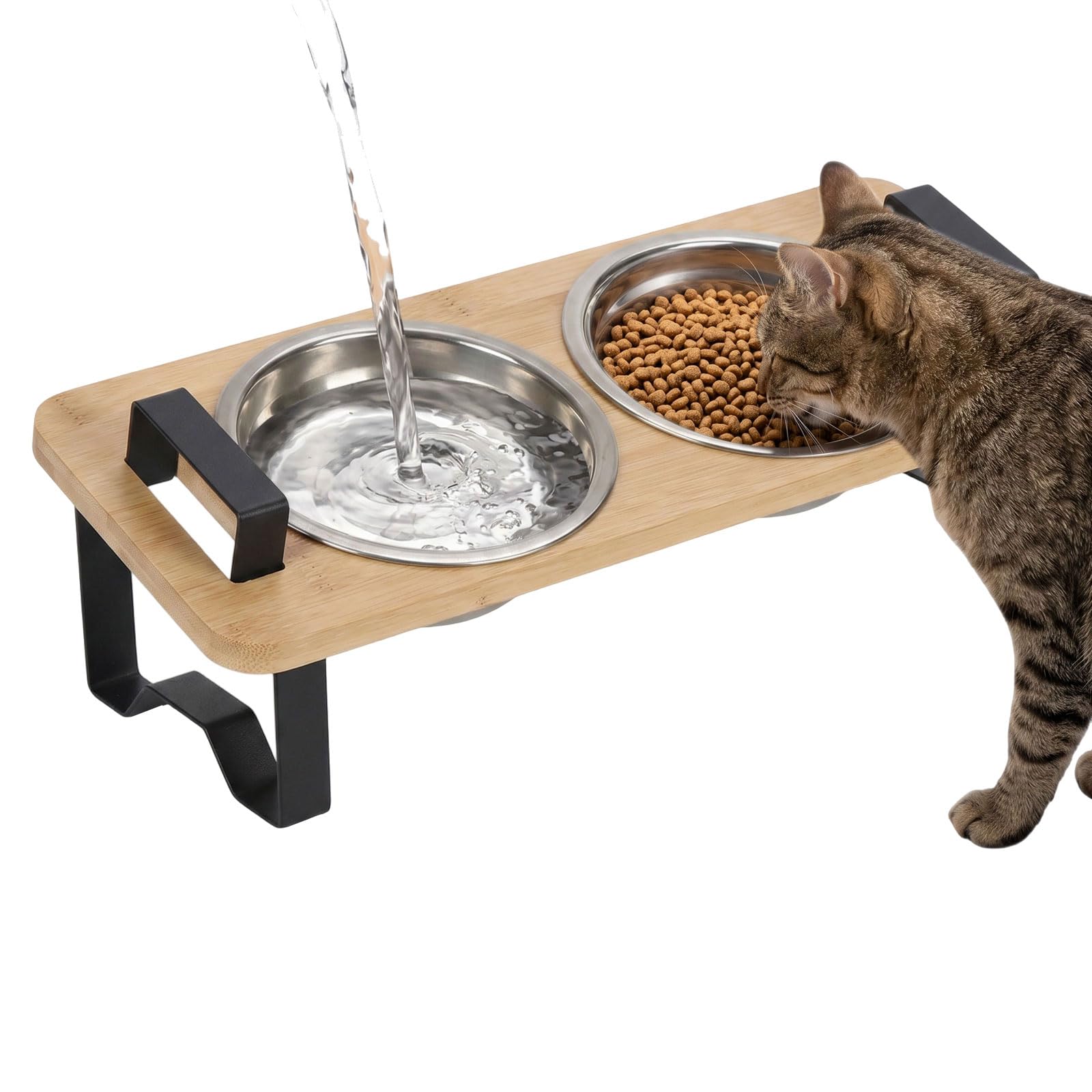 Elevated Cat Food Bowls with 15° Tilted Stainless Steel Dishes and Wooden Stand –Anti-Vomit, Anti-Slip Feeding Station for Cats & Small Dogs (2 Bowls)