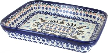 Blue Rose Polish Pottery - Blue Arctic Holidays Small Rectangular Baker - 9" x 7" - Unique, Dishwasher Safe, Durable Bakeware