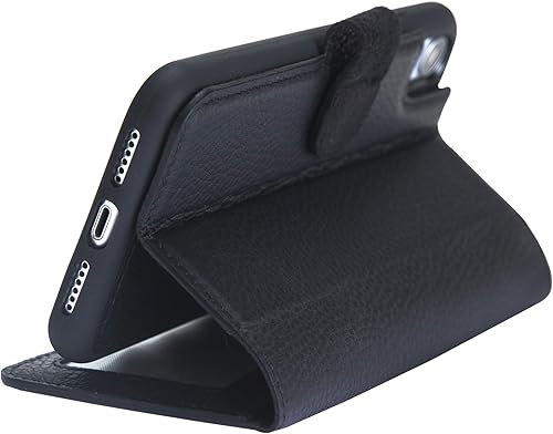 Miniatura 5 de Funda de piel auténtica hecha a mano compatible con iPhone XR, funda magnética fuerte desmontable con tarjetero, bordes horizontales (negro)