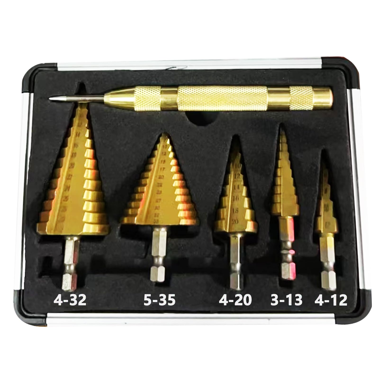 Genossen Broca Escalonada, 5pcs Brocas Cónicas HSS Titanio,（4-12mm, 3-13mm, 4-20mm, 4-32mm, 5-35mm）+1 perforadora central automática, acero de alta velocidad, revestimiento de titanio, para DIY madera