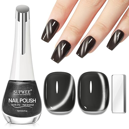 Black Cat Eye Nail Polish Non Gel, Magnetic Nail Polish Lacquer Quick Dry Shimmer Glitter Effect with Magnet Air Fast Dry Manicure DIY Salon 16ml/0.54 oz