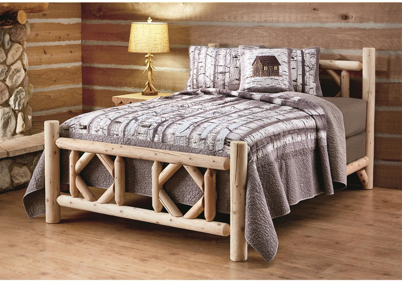 Log Bed Frame, Wood Queen Bed Frame with Headboard