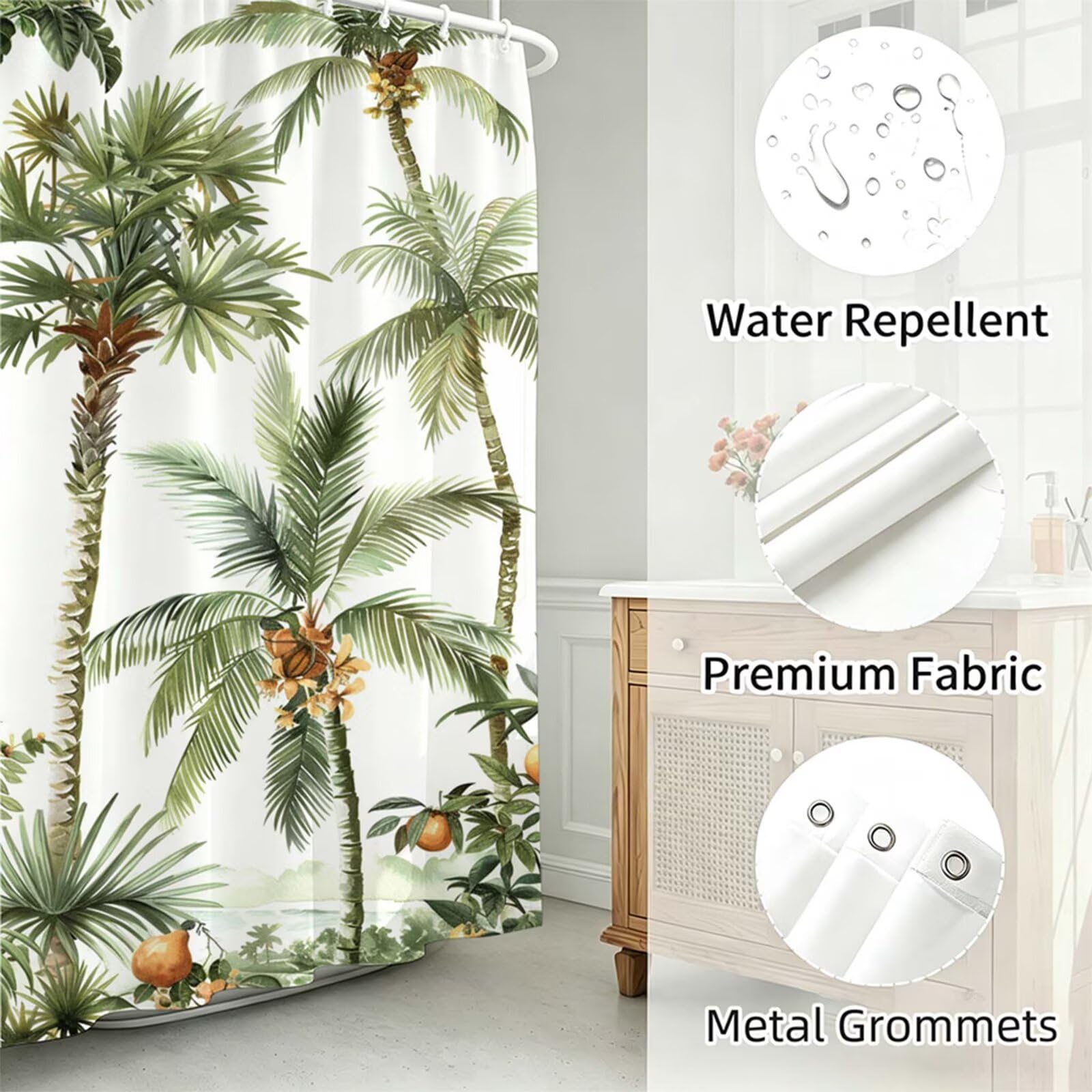 Weiß Duschvorhang 180x180cm,Duschvorhänge Kokospalmen,Bedruckt mit Kunststoffhaken,Badezimmerdekor Vorhang,Wasserdicht Shower Curtains,für Badezimmer,Badewanne,Schlafsaal,Hotel Dekorieren J-774