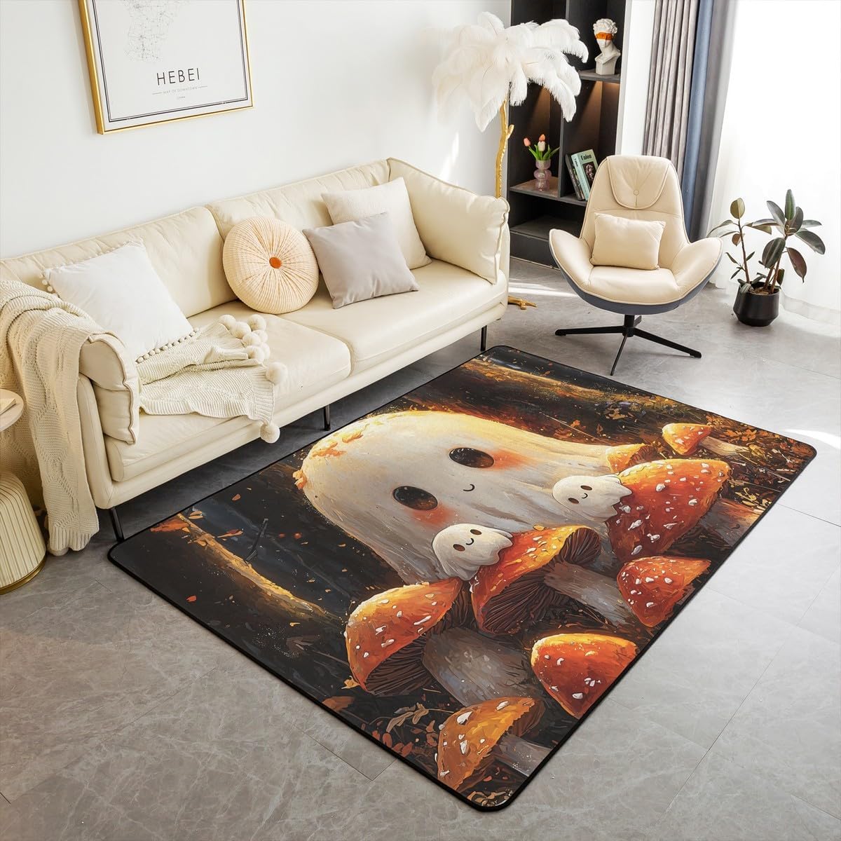 Erosebridal Cute Ghost Area Rug 5x7, Kawaii Spooky Mushroom Printed Non Slip Rectangular Carpet, Cartoon Halloween Kids Boys Indoor Floor Mat For Living Room Bedroom, Red White Woodland Decorative Rug