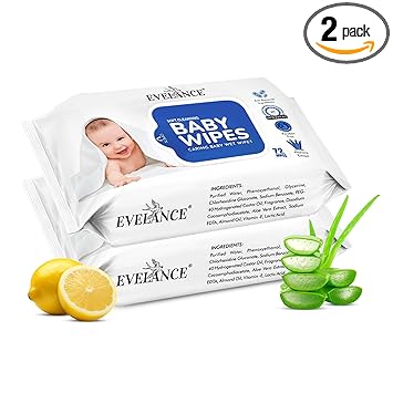 EVELANCE Soft Cleansing Baby Wet Wipes (Pack of 2) 72 Wipes Each, Daily Use Wipe Enriched with Aloe vera & Lemon Extracts with 98% Water, For New Born Babies and Kids