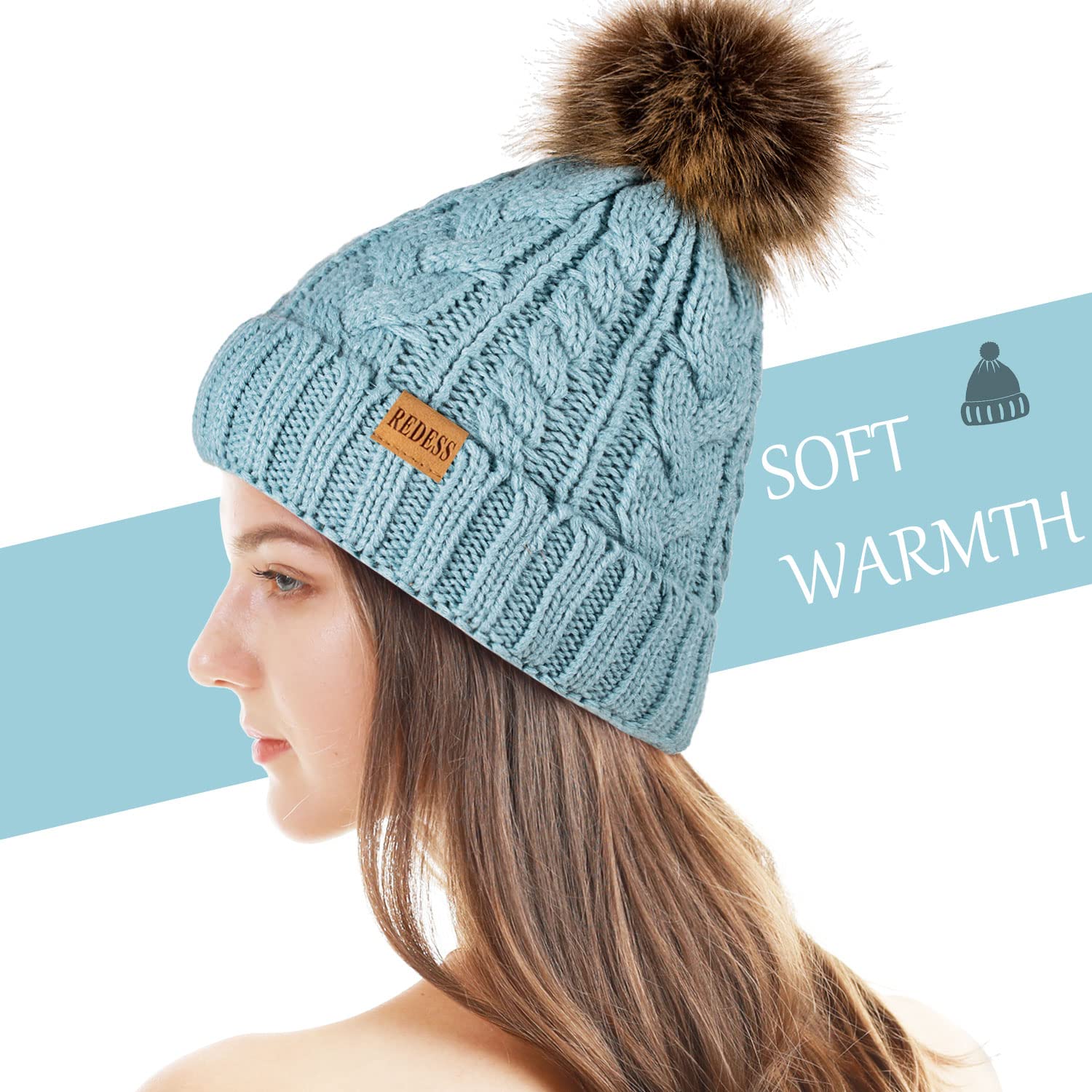 REDESS Cappello Invernale da Donna con Pom Pom Beanie Caldo Foderato in Pile Spesso Slouchy Snow Knit Chunky Baggy Skull Berretto da Sci
