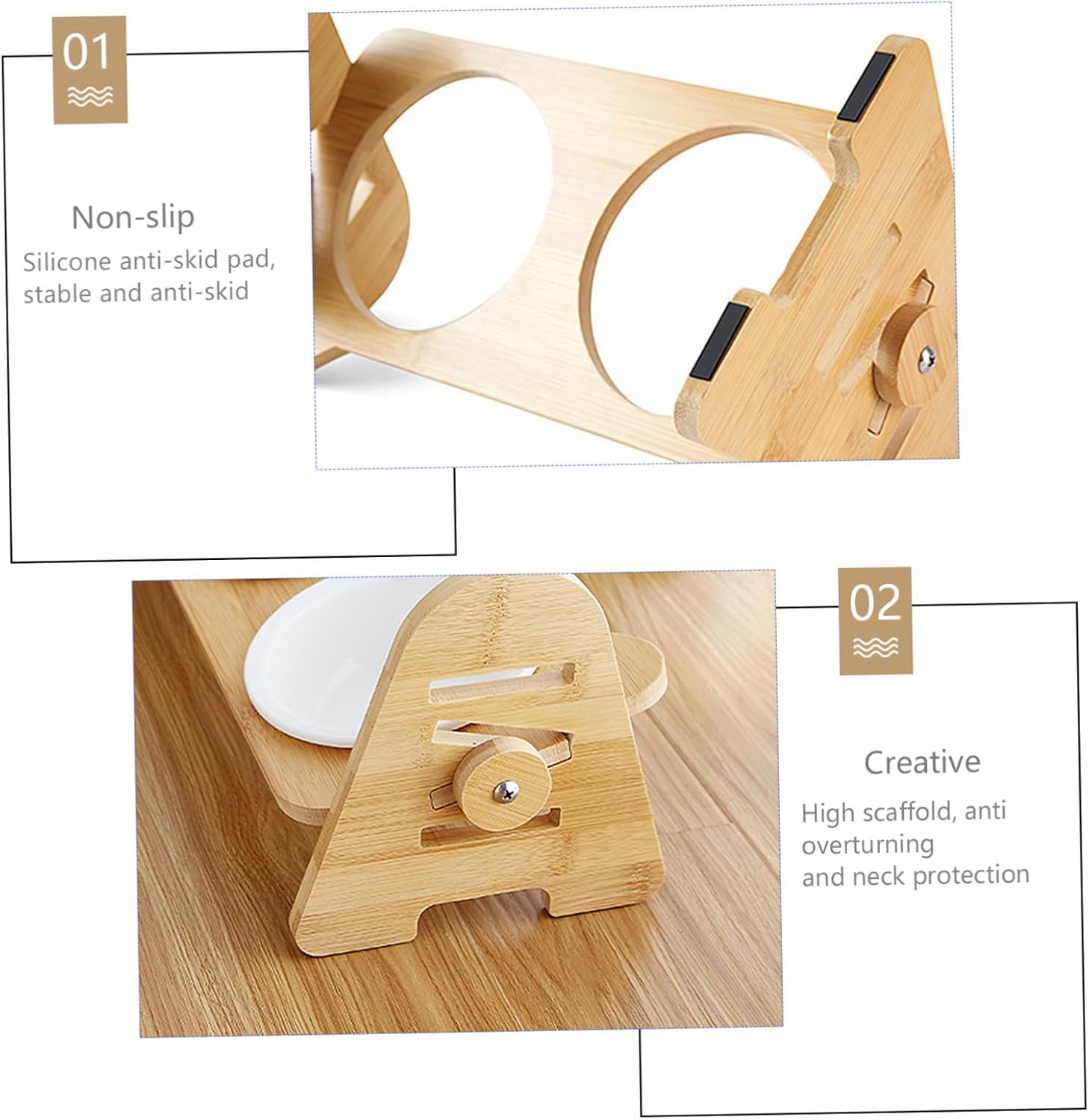 Generic Wooden Pet Bowl Stand Elevated Ceramic Cat Feeder Tilted Cat Dish for Easy Eating