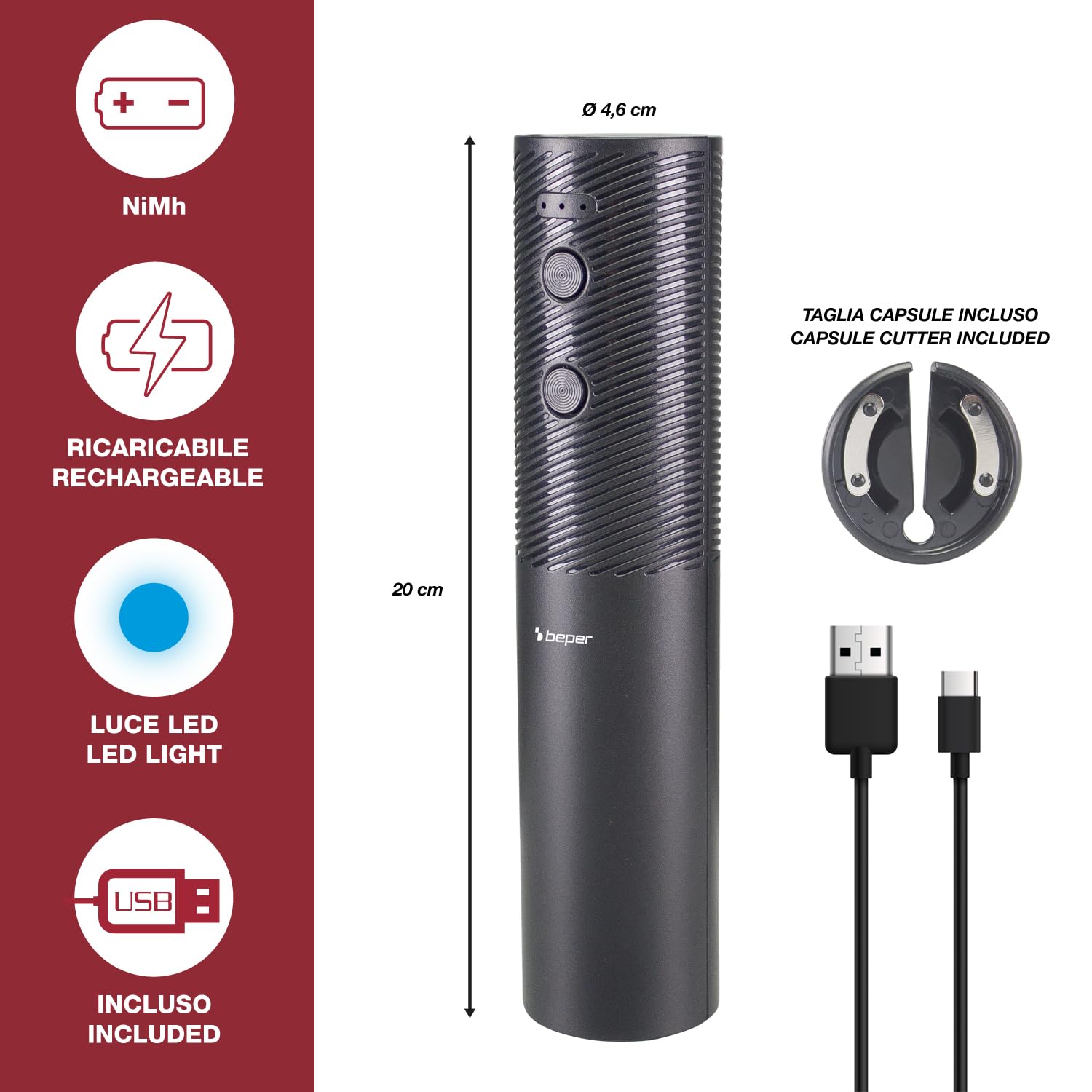 BEPER P102ACP103 Sacacorchos Eléctrico Recargable por USB, Abrebotellas de Vino, con Cortador de Láminas, para Corchos y Corchos Sintéticos