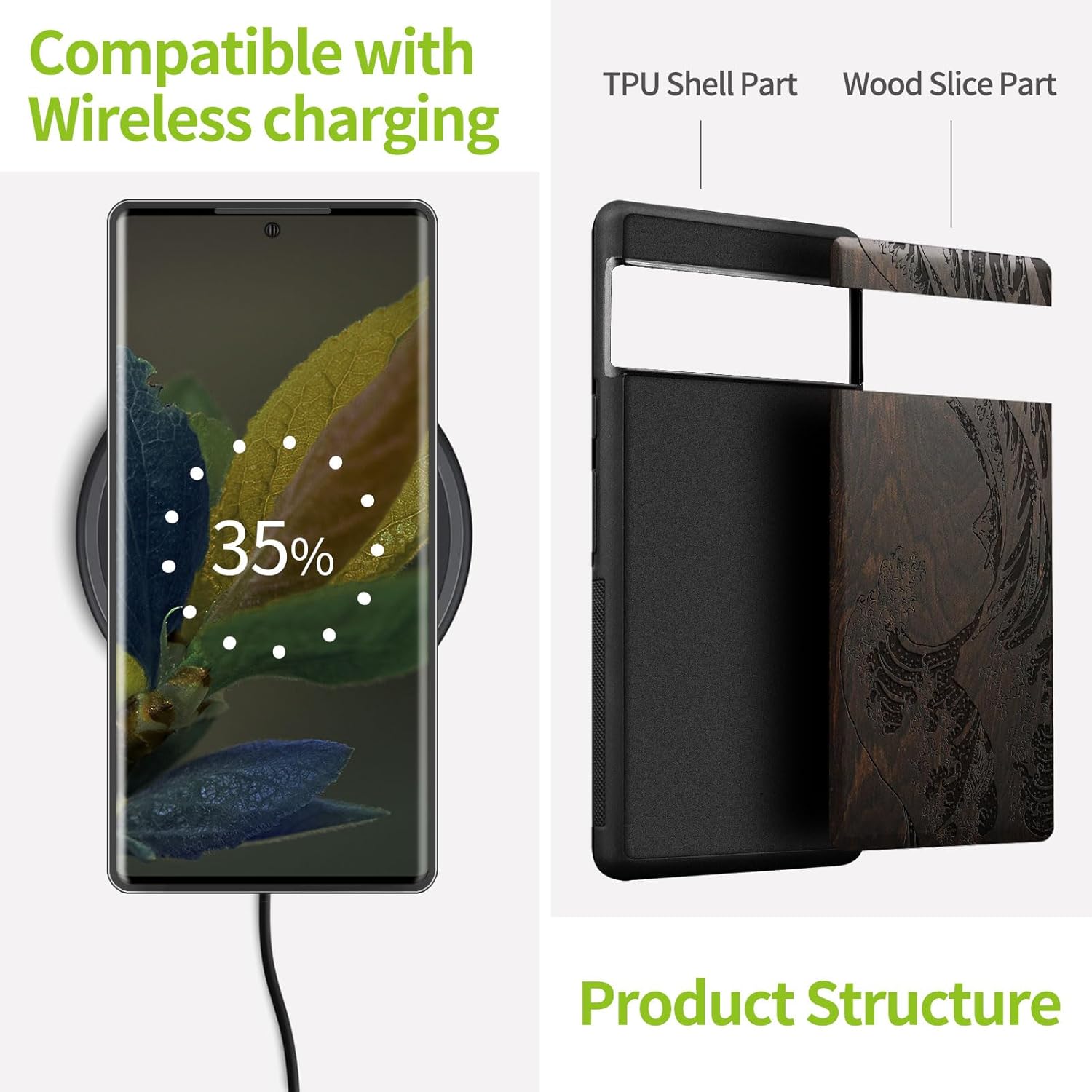 Carveit Wood Case for Pixel 8 Pro Case [Natural Wood & Black Soft TPU] Shockproof Protective Unique Wooden Cover Compatible with Google Pixel 8 Pro (Sea Wave-Blackwood)