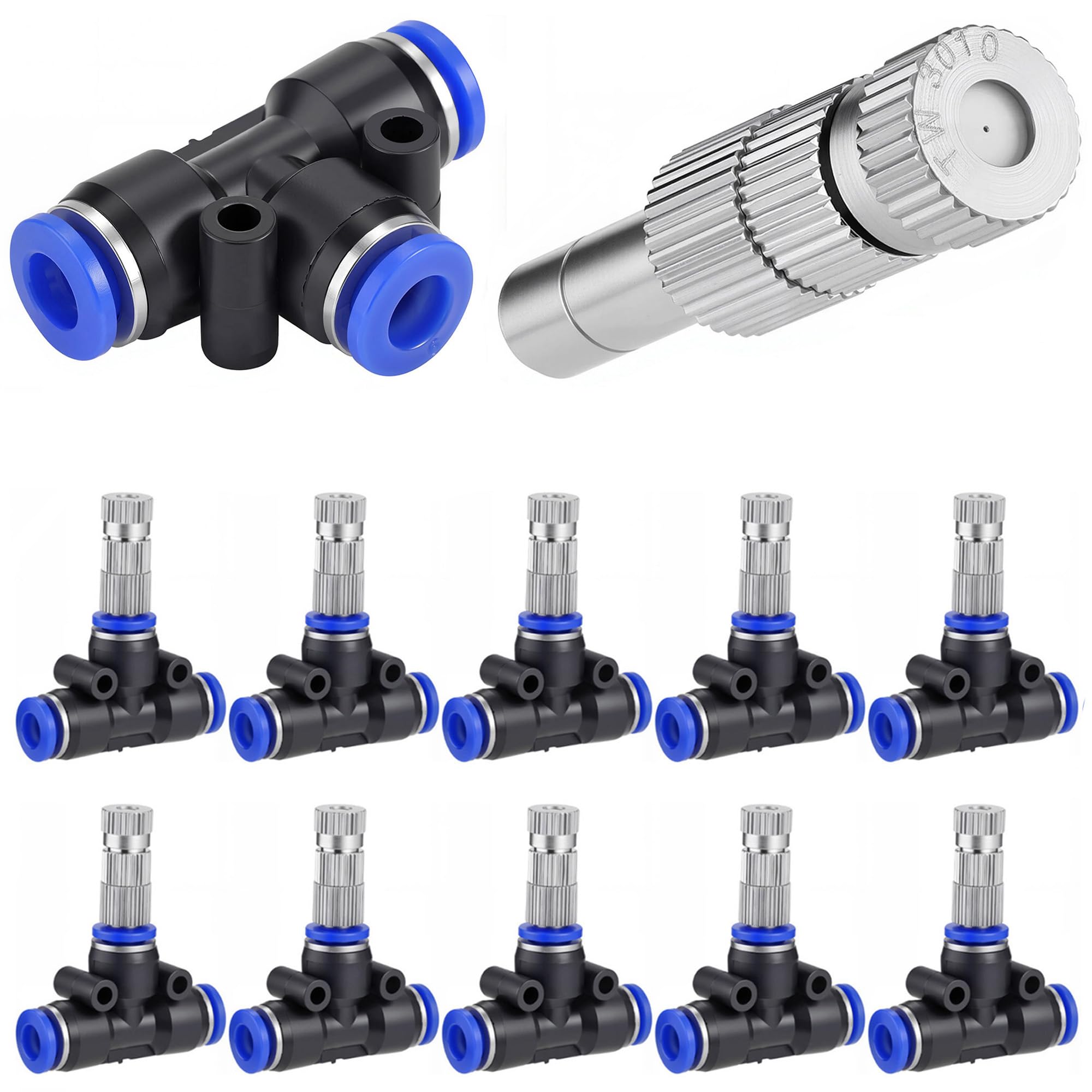 SOHNVWTGD 20 Pcs Brass Misting Nozzles Mister Replacement Nozzles with Fier Mesh & 1/4" Water Misting Nozzle Tees Kit, 0.012"/0.3mm Orifice Misting System Heads Sprayer for Outdoor Cooling System,