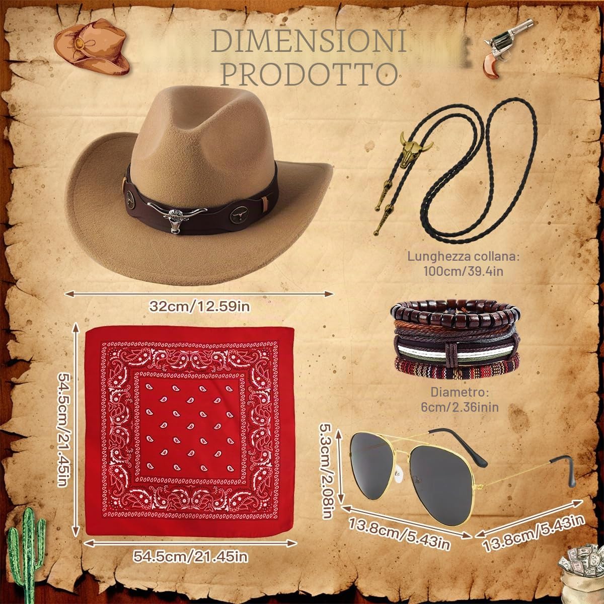 Costume Cowboy Uomo Completo con Gilet Cappello Occhiali da Sole Collana Bracciale e Bandana per Festa a Tema Western Vestito Carnevale Hippie Halloween