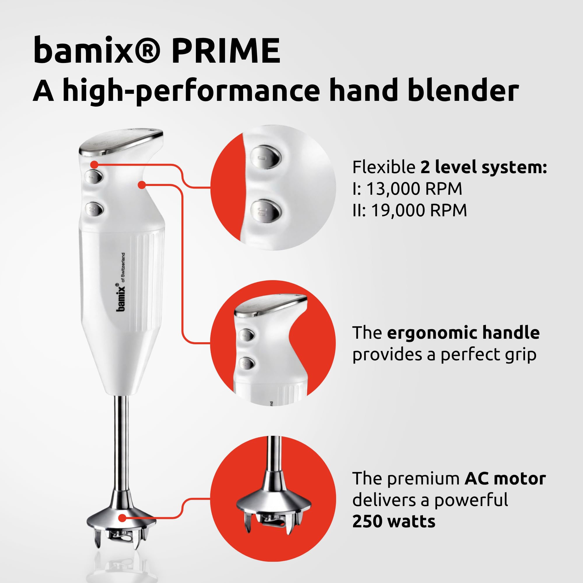 bamix M250 PRIME Zestaw blendera ręcznego z nożem wielofunkcyjnym, Trzepaczką, Tarczą ubijającą ze stali szlachetnej, 250 W, 2-stopniowy, Szwajcarski, Biały/Chrom