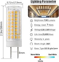 Vista 4 de Bombillas LED G8 de 60 W 75 W de repuesto de bombilla halógena, T3/T4 AC120V G8 base bi-pin (7 W) blanco cálido 3000 K para luces debajo