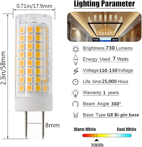 Miniatura 2 de Bombillas LED G8 de 60 W 75 W de repuesto de bombilla halógena, T3T4 AC120V JCD tipo G8 base bi-pin (7 W) luz blanca cálida 3000 K para luces debajo