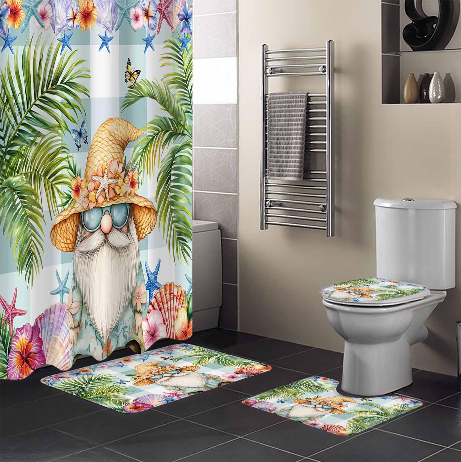 Palm Tree Bathroom Set with Shower Curtain and Rug Accessories - 36x72 Inches Long Butterfly Gnomes Coastal Starfish Shell Plaid Stall Curtain Waterproof with Large Bath Mat,Washable Runner Rug Set