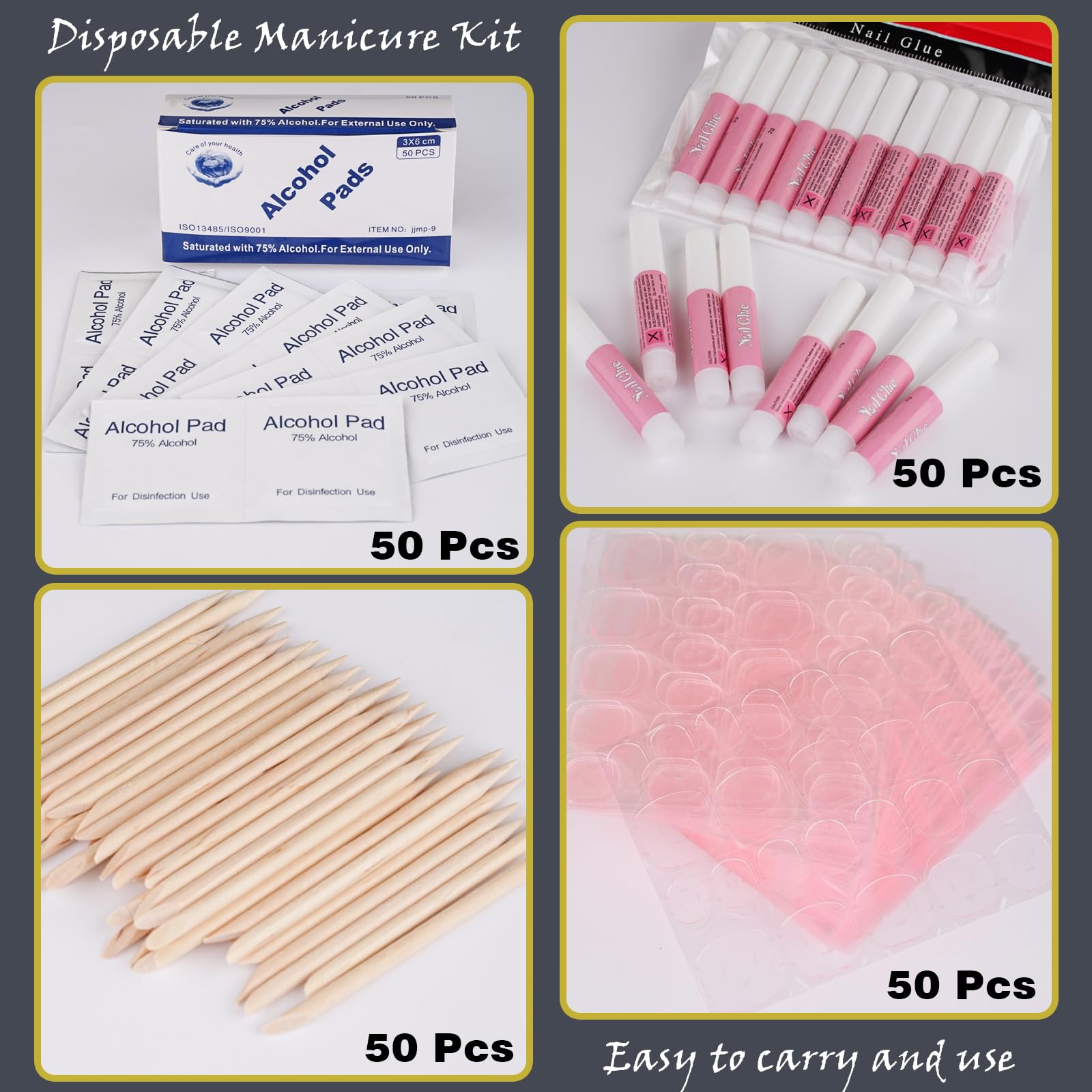 Juego de 50 kits de suministros de uñas desechables, kit de herramientas profesionales de manicura a presión con lima de uñas, pulidor de uñas, pestañas adhesivas, pegamento de uñas, palos,
