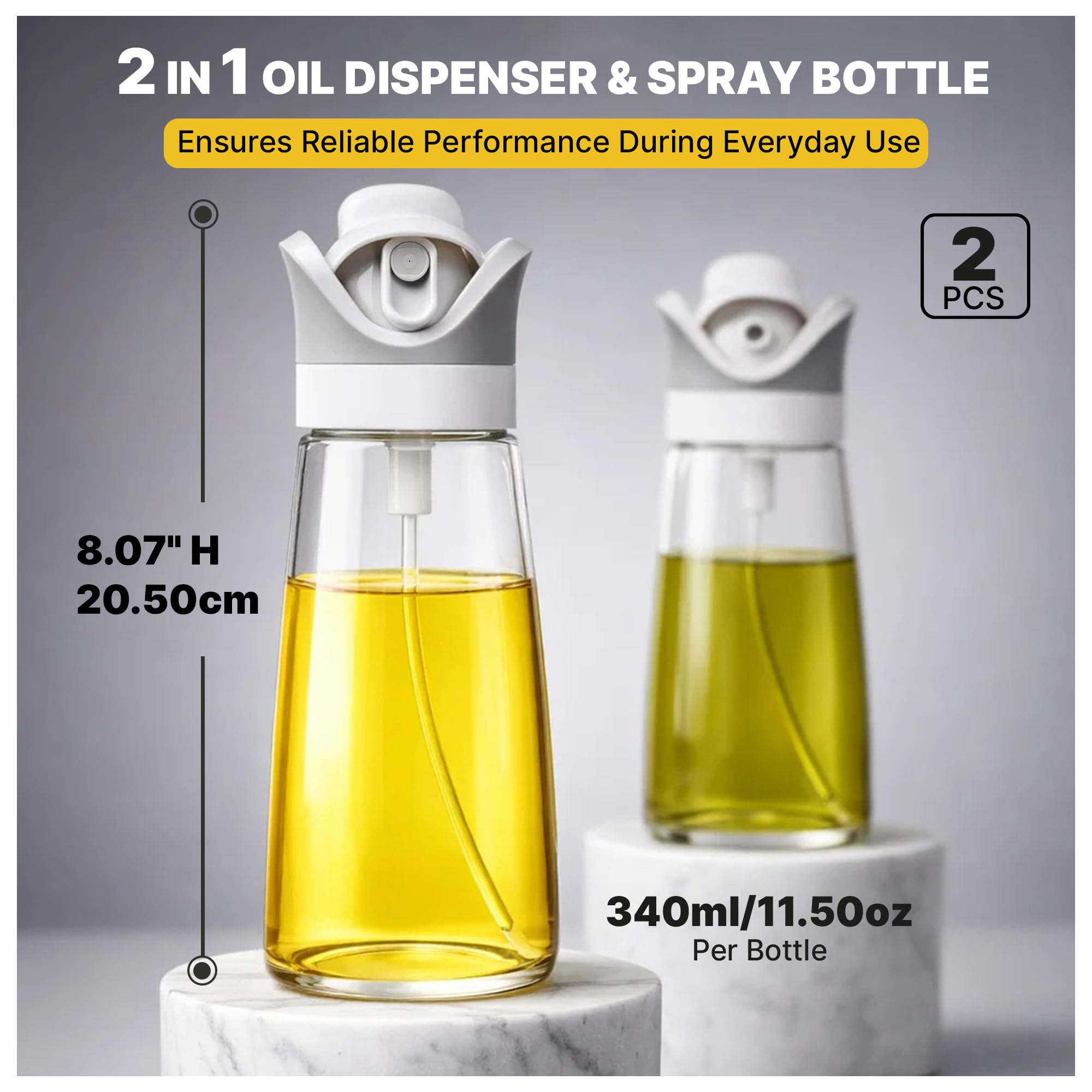 Dispensador de aceite 2 en 1 y botellas en aerosol, pulverizador de aceite de oliva de vidrio para cocinar, hornear, freidora de aire, ensalada y barbacoa, vertido controlado y pulverizador