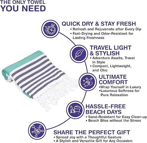 Miniatura 7 de Juego de 2 toallas de playa turcas de gran tamaño de 38 x 71 pulgadas, 100% algodón turco, ligeras, sin arena, de secado rápido, toallas de baño