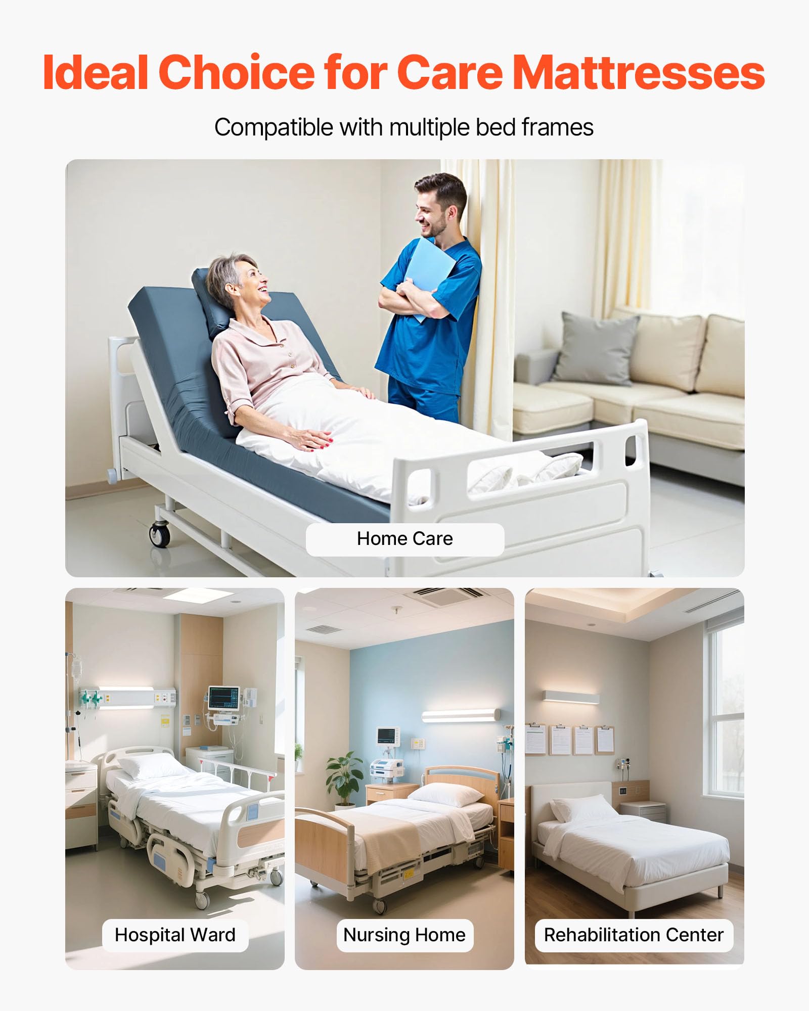 VEVOR Materasso per Letto Ospedaliero in Schiuma, capacità 158,8 kg, con Ridistribuzione della Pressione per Cure, Impermeabile per Case di Cura e Assistenza Domiciliare, 2030 x 914 x 153 mm