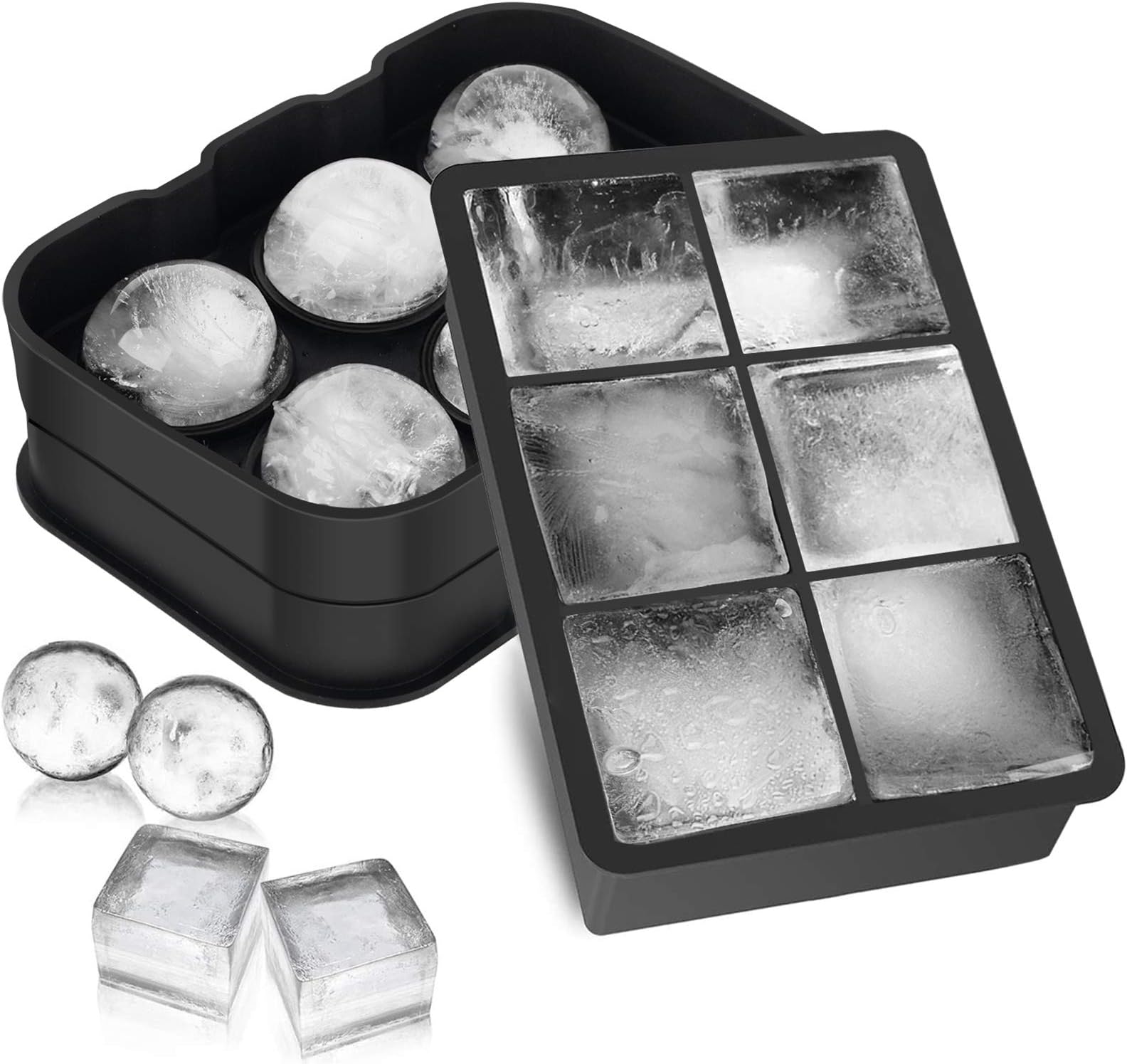 Ice Cube Trays 2 Pack, Morfone Sphere Ice Ball Mold Large Square Ice Mould Flexible Silicone Ice Trays with Lid for Whiskey, Cocktail, Chocolate, BPA Free and LFGB Certified