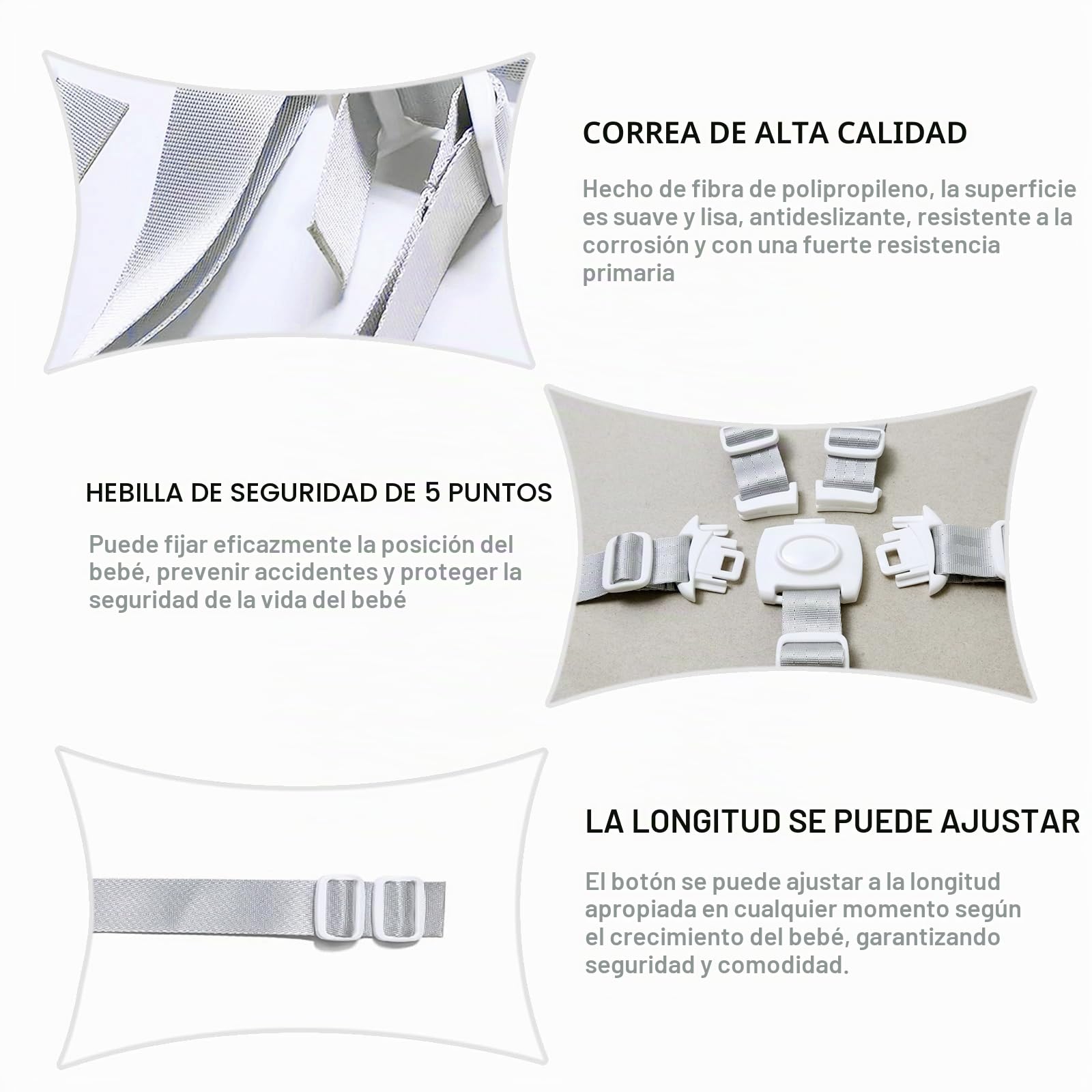 Cinturón de seguridad de 5 puntos, cinturones de seguridad de repuesto para cochecito de bebé, trona ajustable, cinturones de seguridad para silla de paseo y trona (blanco)