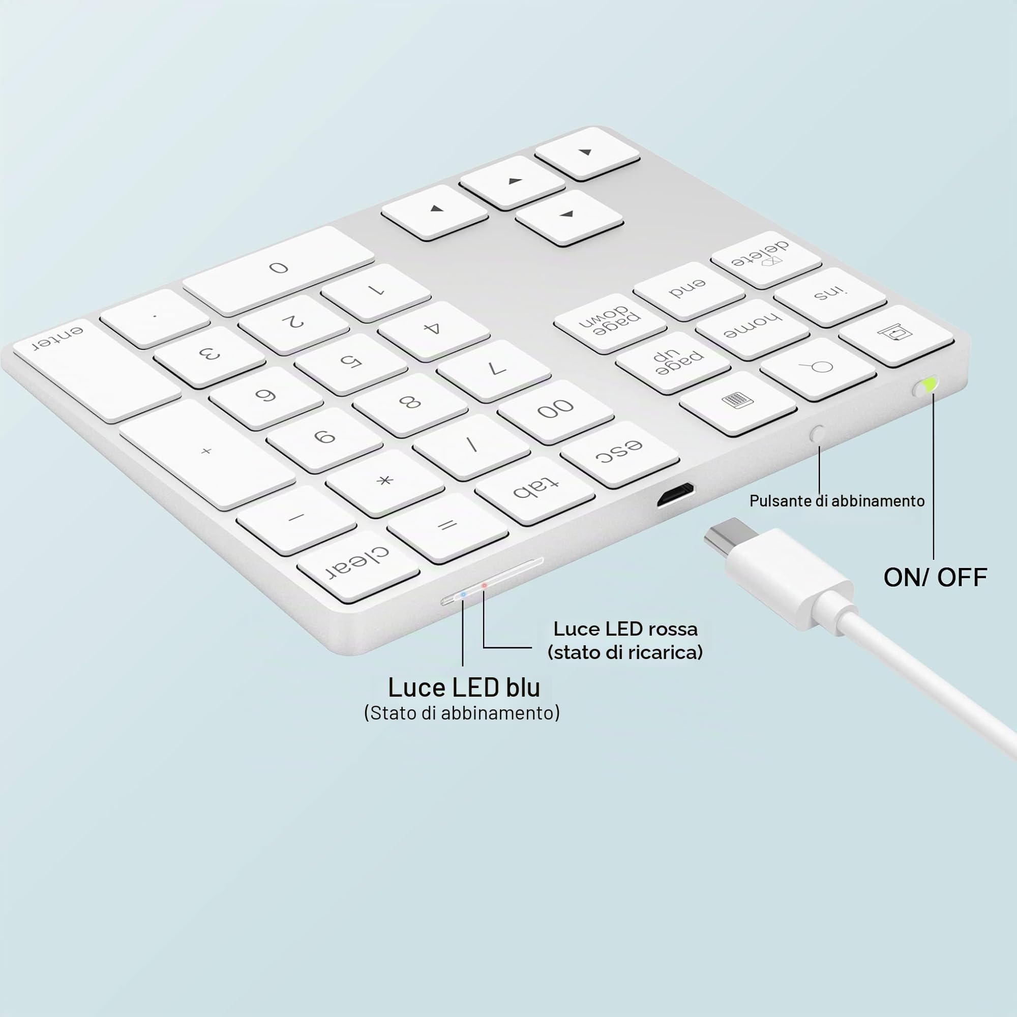 Tastierino Numerico Bluetooth in Alluminio, 34 Tasti Esterni, Tastiera Scorciatoia per iMac, iOS Air, PRO e Mac Mini, D'argento