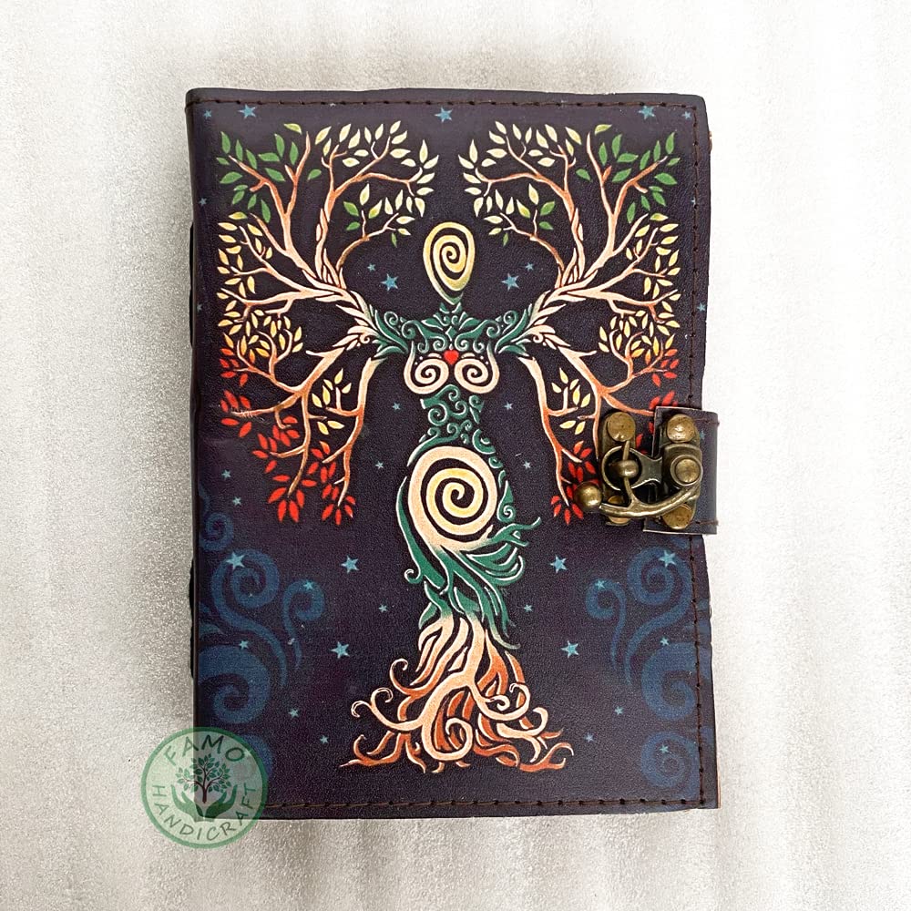 Handmade mother of earth tree of life deckle edge paper writing leather journal notebook antique daily notepad unlined paper cover with colorful print journal for women 7x5 inch