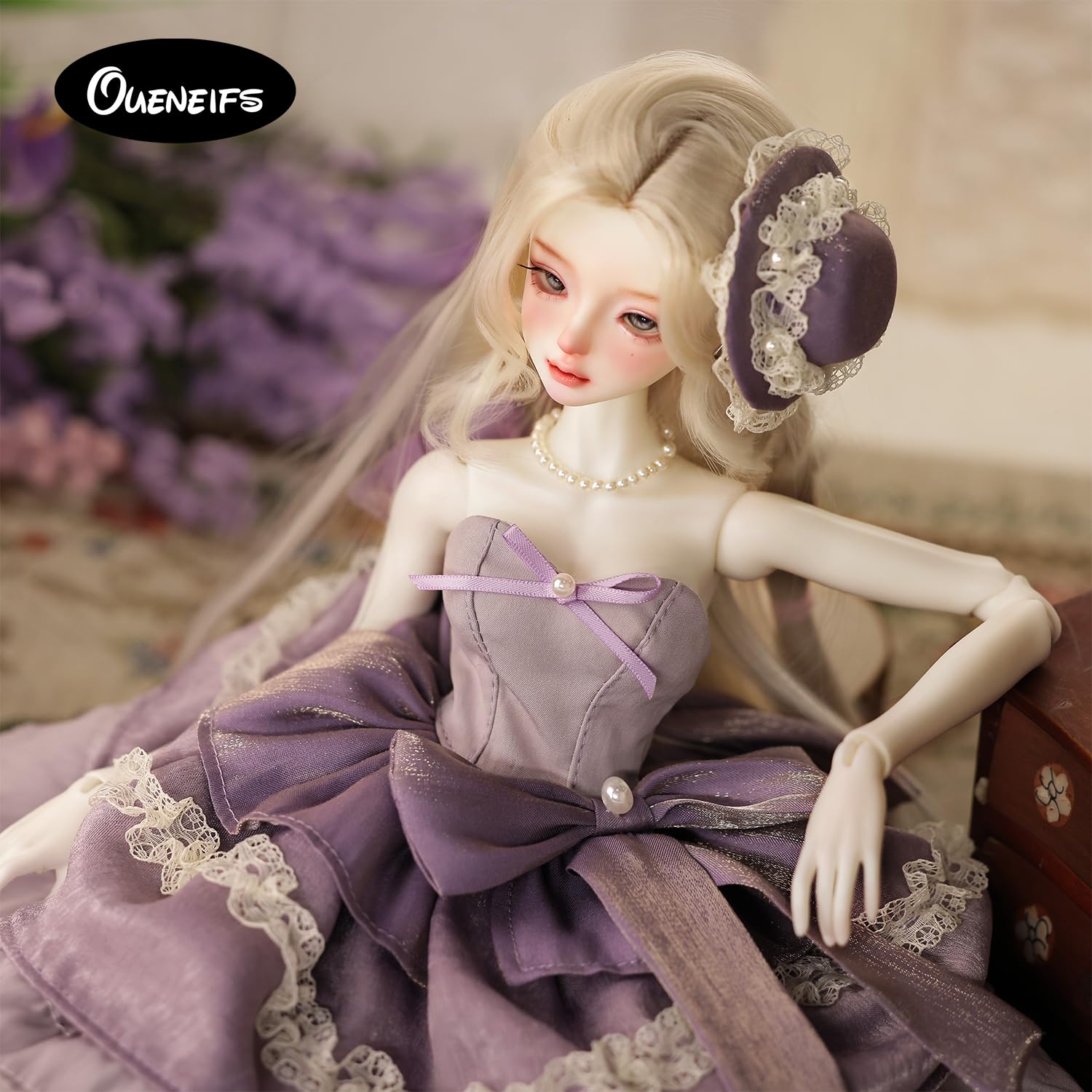 Oueneifs 1/4 Sadiebjd Fullset B lalka z przegubami kulowymi fioletowa sukienka tortowa z kapeluszem elegancka kobieca zabawka z żywicy dla dzieci w wieku 15+ lat