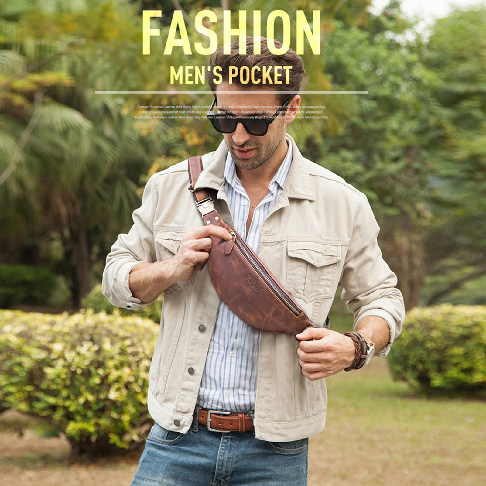 FANDARE Retro Brusttasche Leder Bauchtasche Sling Waist Bag Herren Unternehmen Schultertasche Umhängetaschen für Freien Reisen Wandern Hiking Joggen DaypacksDunkelbraun