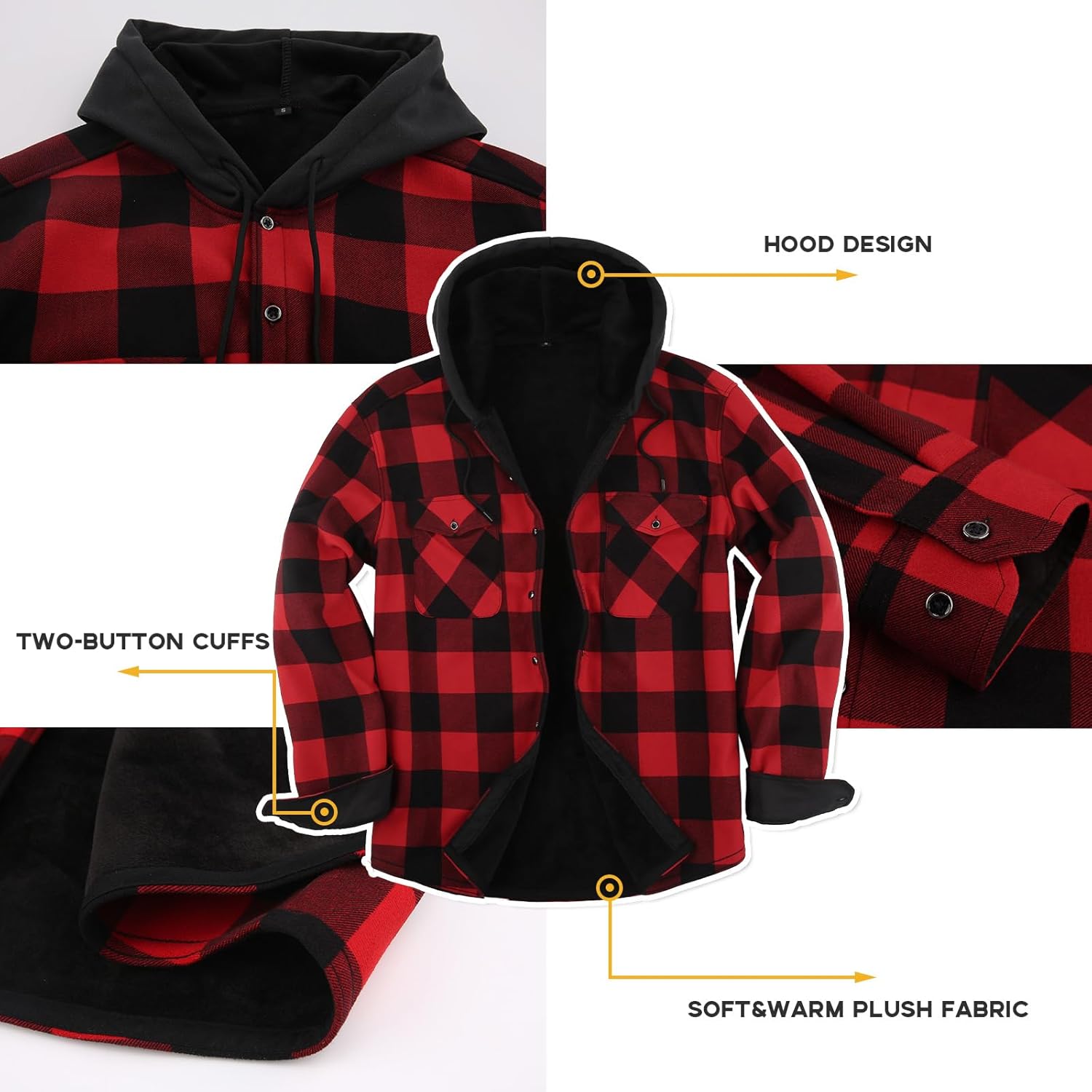 Askdeer Men's Plaid Hoodie Shirts Jacket Fleece Flannel Shacket Long Sleeve Soft Warm Button Down Coat with Hood