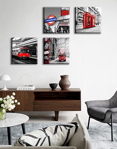 Miniatura 4 de JiazuGo Arte de pared en blanco y negro, decoración de pared roja, arte de construcción de ciudad, cabina de teléfono roja, autobús en Londres,