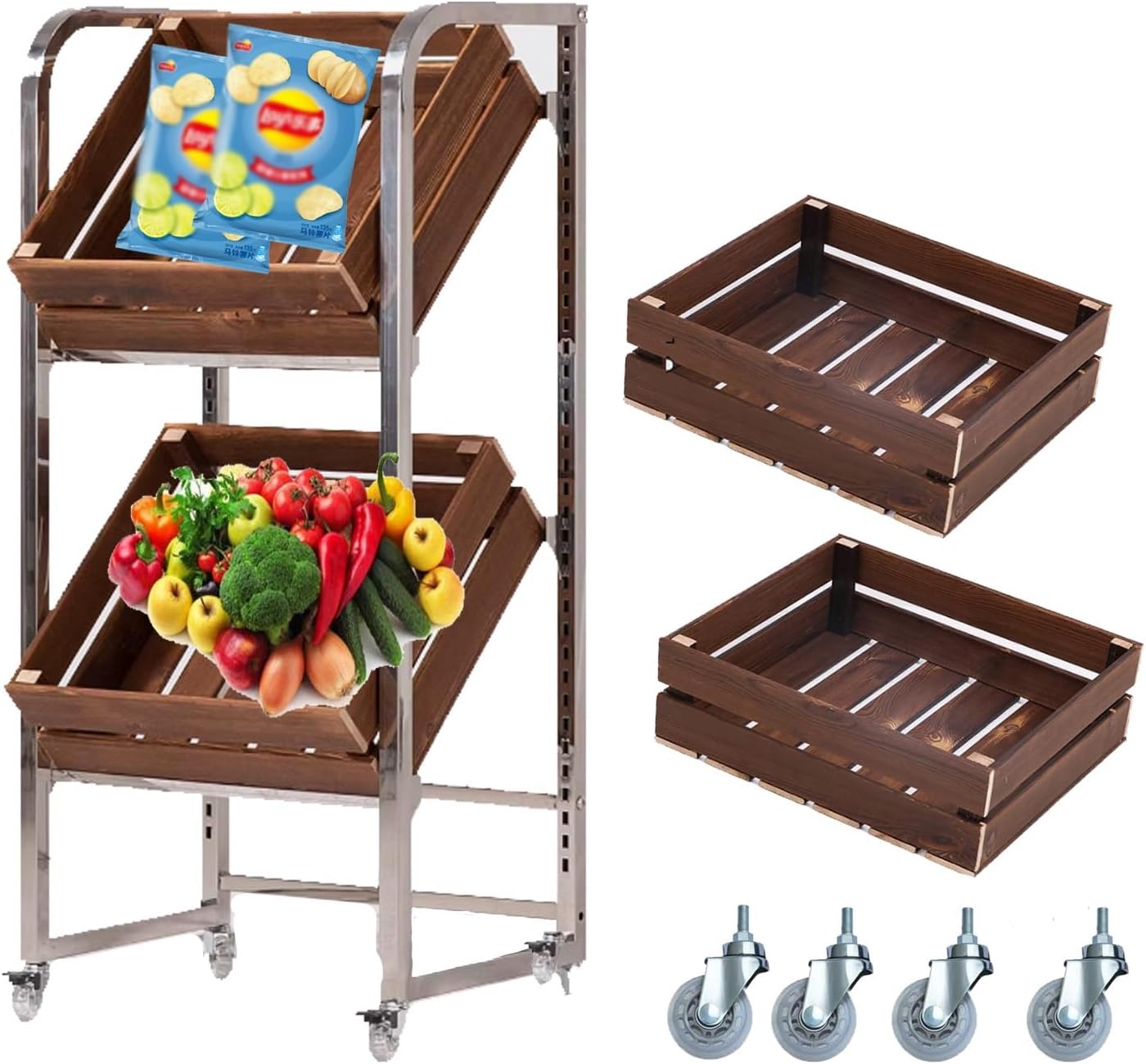 Retail Display Rack, Stainless Steel And Wood Fruit Vegetable Cart With Wheels 2 Or 3 Tier Walnut(Wood,3 tier)