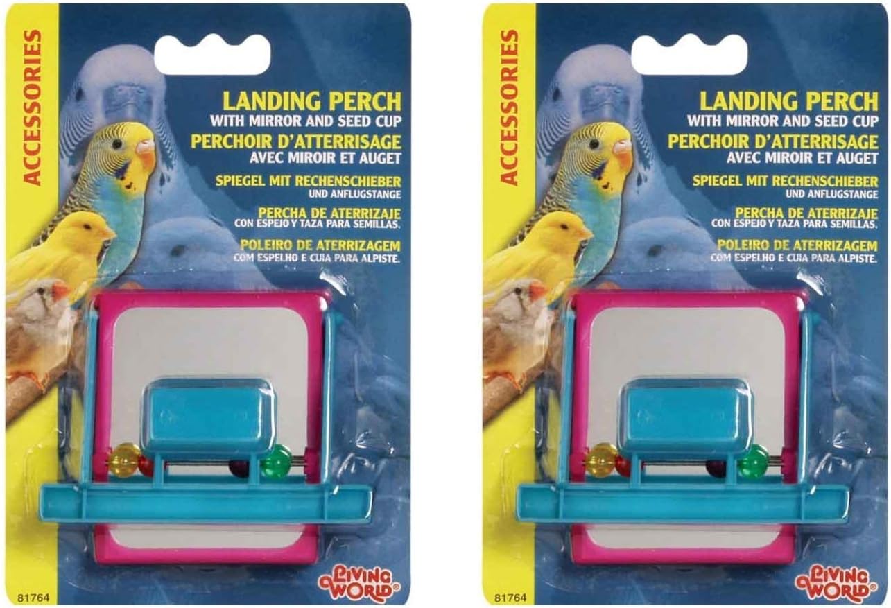 Living World 2 Pack of Pet Bird Landing Perch Feeders with Mirrors and Beads