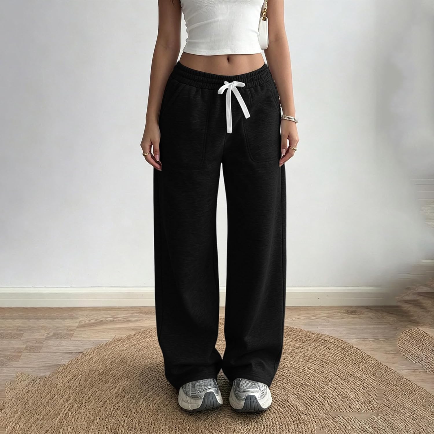 Wide Leg Sweatpants Women Trendy Baggy High Waisted Drawstring Pants Athletic Loose Fit Solid Trousers with Pockets