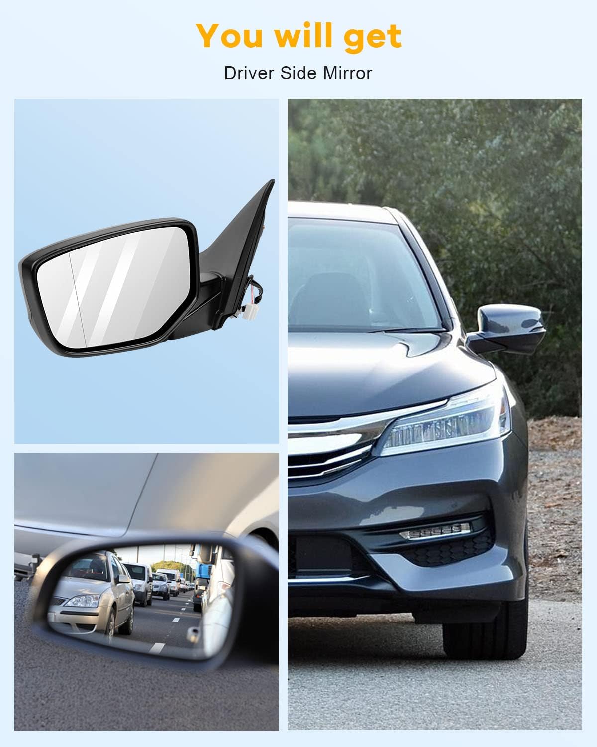 Driver Side View Mirror Fit 2013-2017 For Honda Accord Door Mirror Power Operated Power Manual Folding Flat w/Cover Black HO1320272