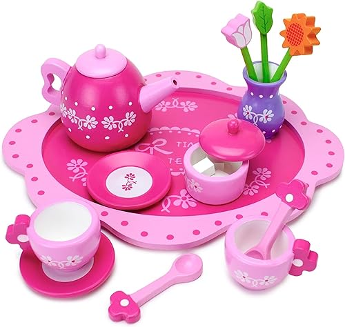 Imagination Generation Pink Blossoms Tea Time Set para dos – Wood Eats! Juego de fiesta de té con tazas de té, teteras, platillos, cucharas, flores