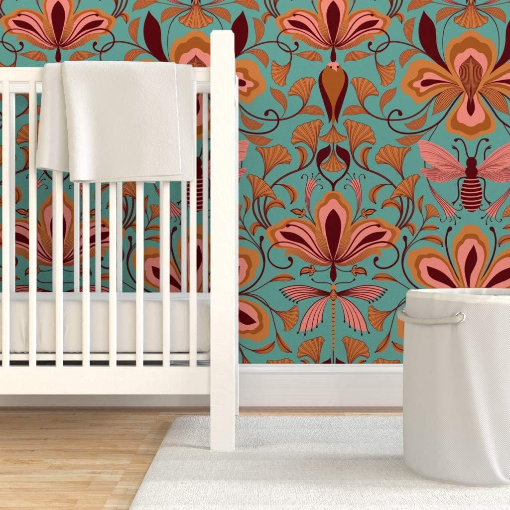 Removable Wallpaper 6ft x 2ft - Bees Dragonfly Floral Art Nouveau Dragonflies Flowers Birds Coral Aqua Bright Entomology Custom Pre-Pasted Wallpaper by Spoonflower