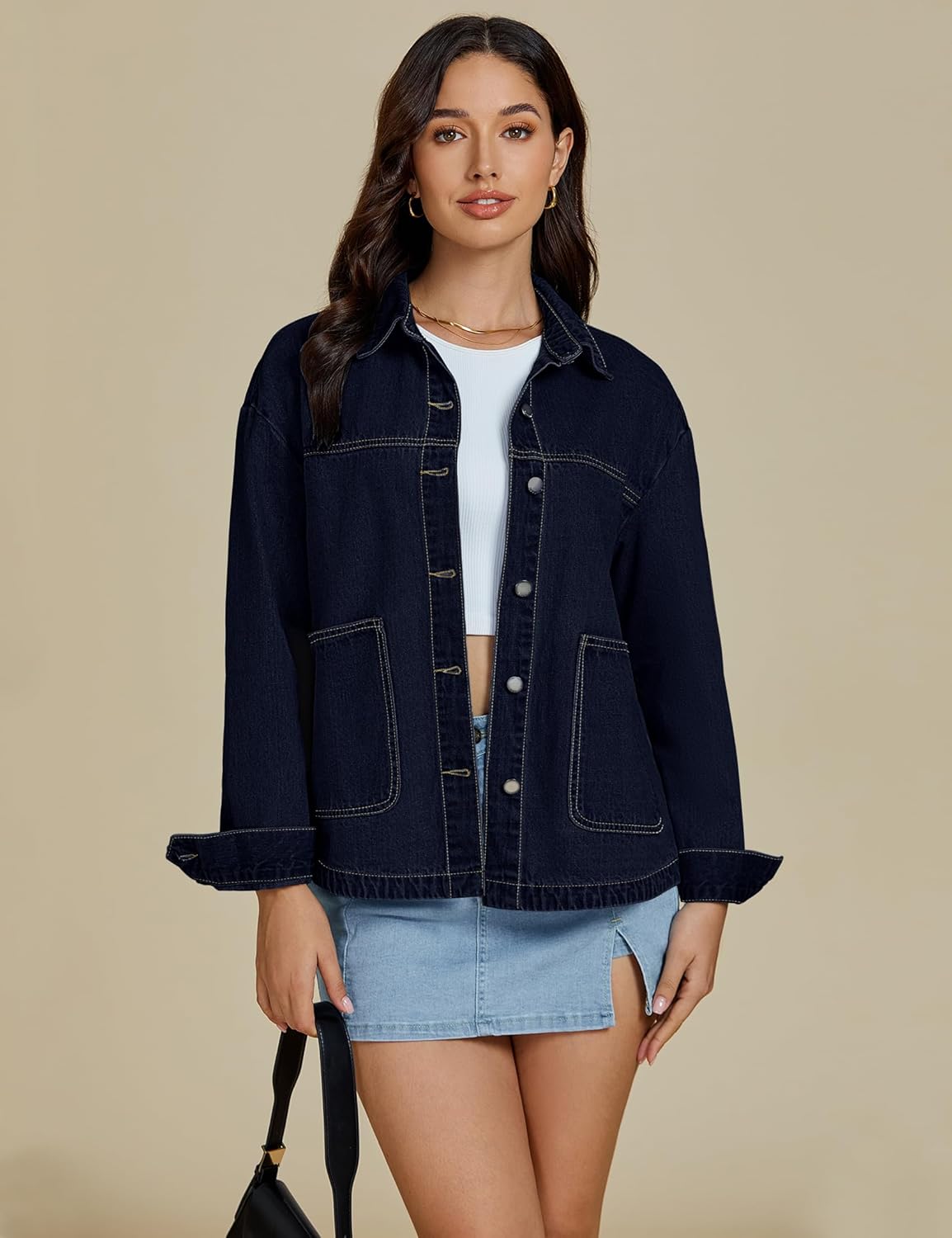 luvamia Denim Jackets for Women Trendy Oversized Long Sleeve Button Down Jean Jacket Casual Shacket with Patch Pockets - Image 3