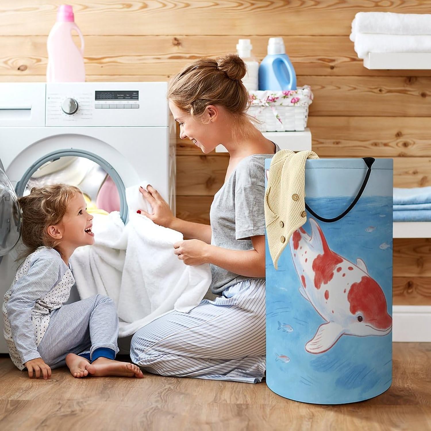 Red And White Dolphins Laundry Hamper with Handles Waterproof Collapsible Laundry Basket Large Lightweight Round Dirty Clothes Hamper for Home Dorm Bathroom Decor