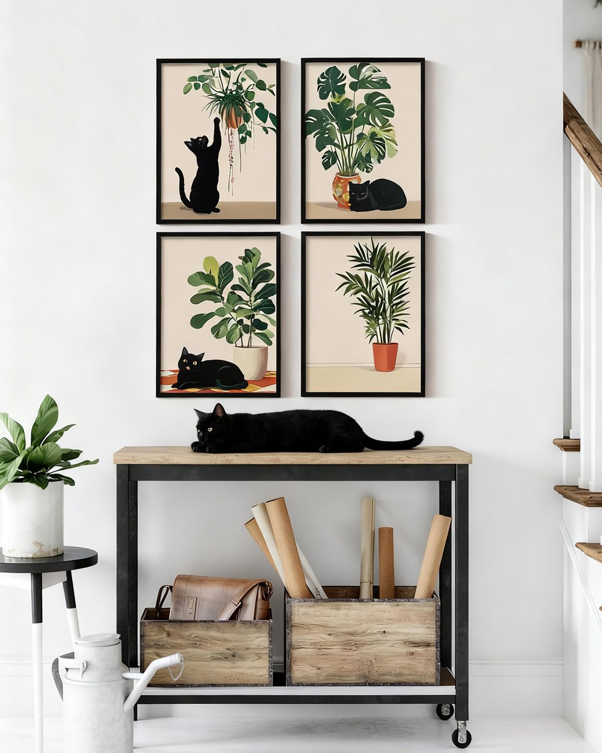 InSimSea 4 pcs Framed Canvas Art, Funny Black Cat Plant Art Prints, Vintage Cozy Botanical Wall Pictures Decor for Living Room Bathroom Bedroom Office,11x14in,set of 4, Neutral Maximalist Decor