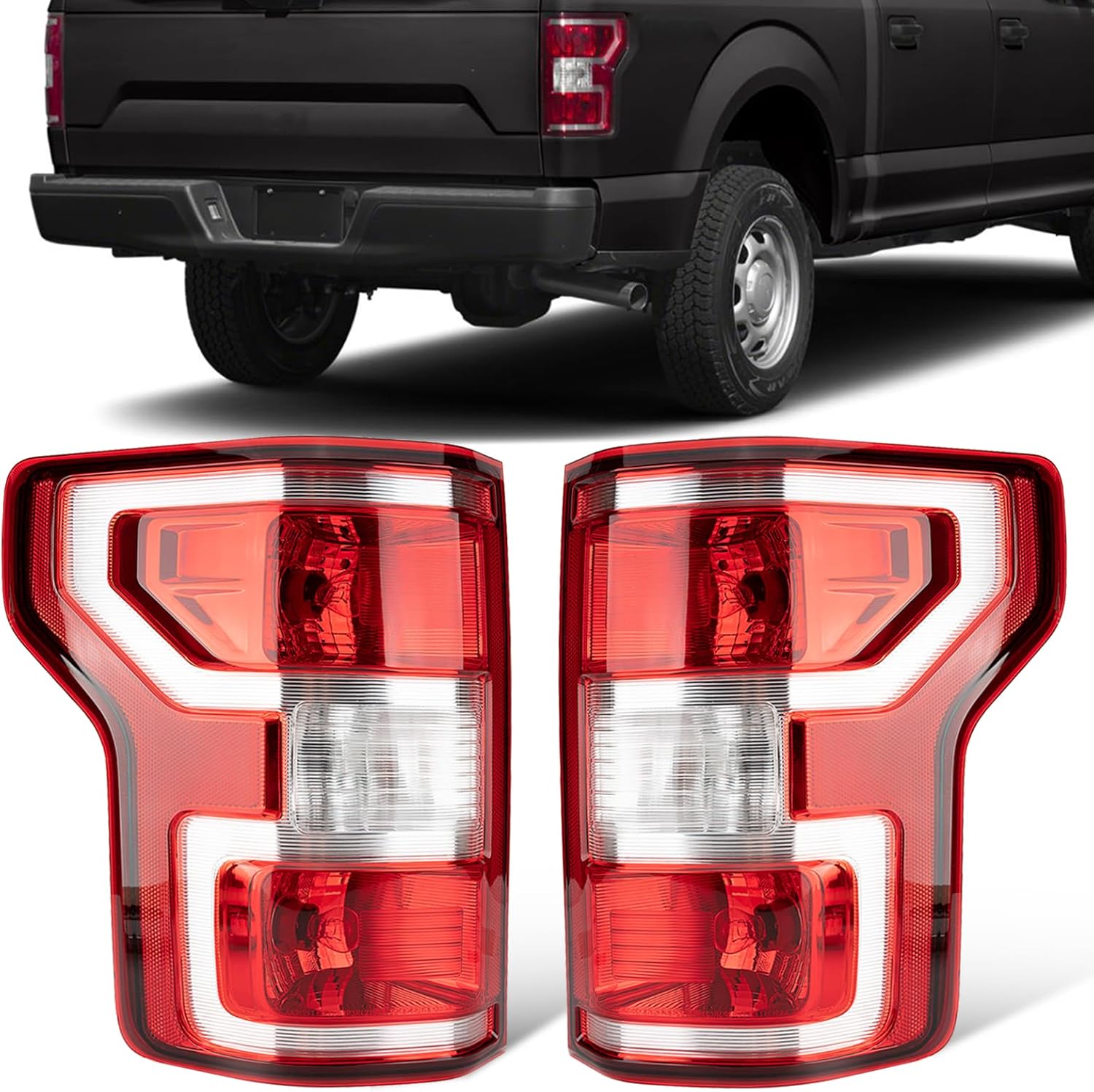 Tail Lights Assembly Fit Ford F150 F-150 XLT 2018 2019 2020 Rear Left Driver Right Passenger Taillight Brake Turn Signal Back Up Replaces JL3Z-13405-H JL3Z-13404-H(Harness & Bulb Included)