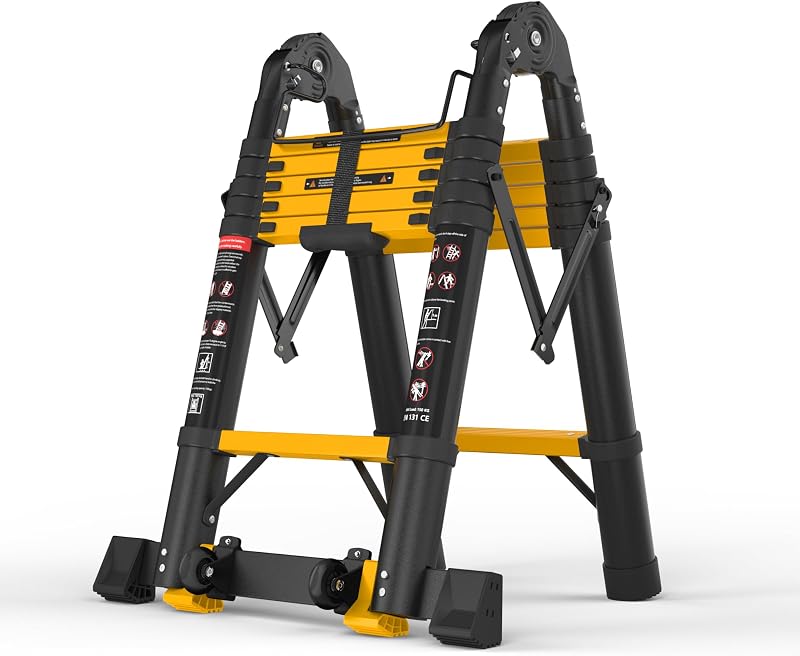 SINMEIRUN Telescoping Ladder, 12.5 FT, A Frame, 330 lbs Capacity; Yellow | ANSI Certified, switches between A Frame and Extension Ladder; Collapsible Multi-Purpose for Home, Roof and RV