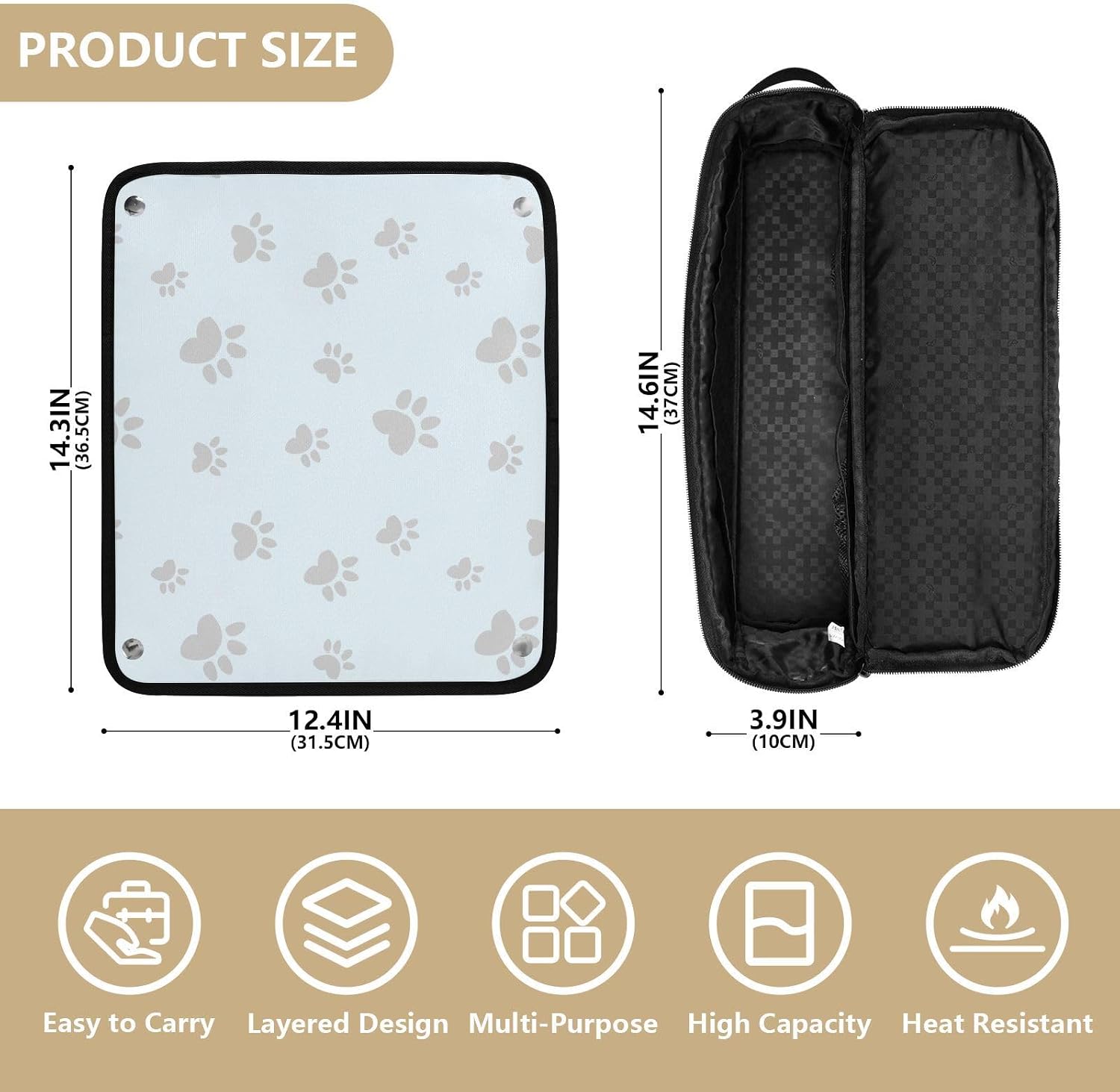 Hair Tools Travel Bag with Heat Resistant Mat 2-in-1 Hot Tools Travel Bag Organizer Flat Curling Iron Travel Case for Straightener Paw Print Blue