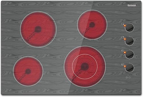 Karinear Estufa eléctrica de 30 pulgadas, 4 quemadores, control de perilla, estufa eléctrica de vidrio con hermoso patrón de madera, placa de