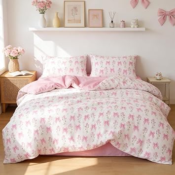 Pink Bow Comforter Set Queen 100% Cotton Bedding Set for Girls, Cute Bowknot Floral Design, 1 Soft Breathable Cotton Comforter Sets with 2 Pillowcases