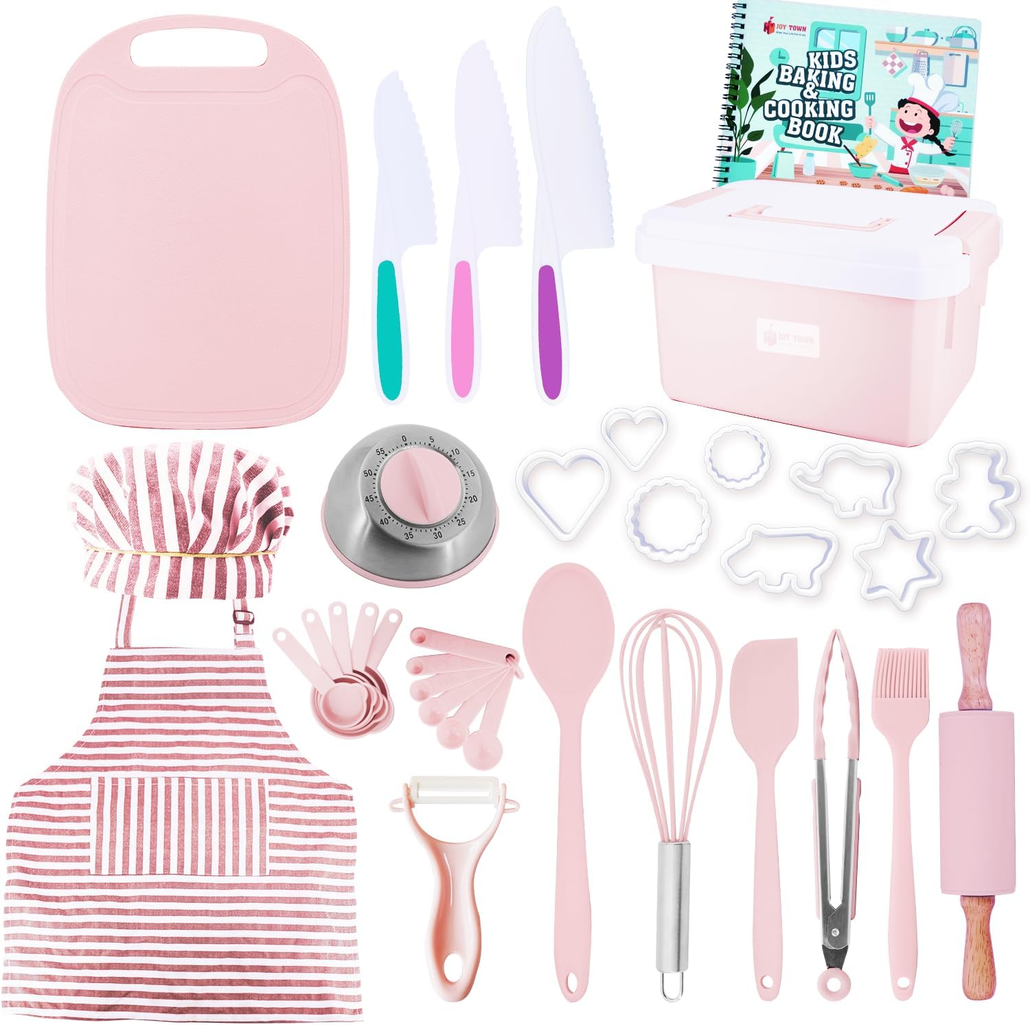 JOY TOWN Kids Cooking and Baking Set with Storage Case –Complete Cooking Supplies for The Junior Chef with Cookbook, Knives, Timer, Kids Baking Kit for Girls & Boys – Real Utensils Accessories - Pink