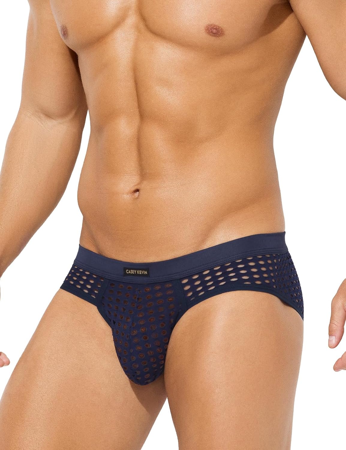 Casey Kevin Men's Mesh Briefs Breathable See Through Fishnet Underwear Low Rise Sexy Panties for Men,Navy Blue,Medium