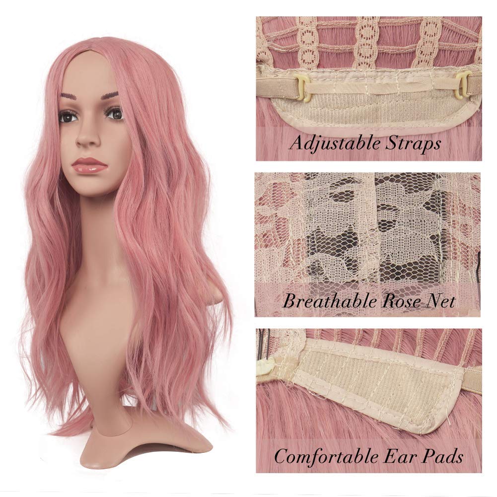 FESHFEN Parrucca Rosa Lunga Ondulé, 60 cm Parrucche Donna Lunghe Sintetici Separazione Centrale Parrucche Uso Quotidiano Festa Parrucca Long Wavy Wig
