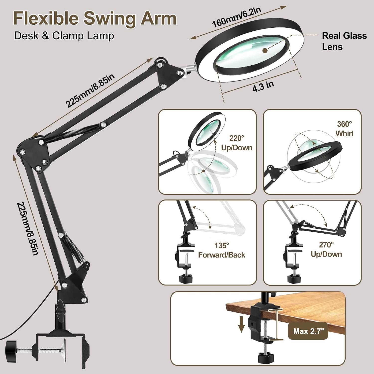 LED Magnifying Glass Desk Lamp with Clamp,3 Color Modes 10 Levels Dimmable Adjustable Swivel Arm for Reading Rework Craft Workbench